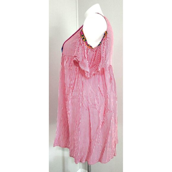 SAHIBA Stripe Flower Pot Patio House Dress TASSELS Red White L/XL - Picture 2 of 16